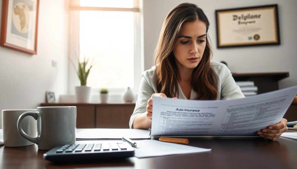 An office scene with a woman sitting at a desk, reviewing auto insurance paperwork. Soft, natural lighting filters through a window in the background. The woman's expression is pensive as she considers the deductible details. In the foreground, a calculator, pen, and coffee mug suggest the financial implications. The middle ground features a framed diploma on the wall, conveying the woman's expertise. The overall mood is one of professional deliberation, with a touch of concern over the potential costs. Realistic textures, subtle shadows, and a clean, uncluttered composition capture the essence of "who pays the deductible" in this insurance-related scenario.