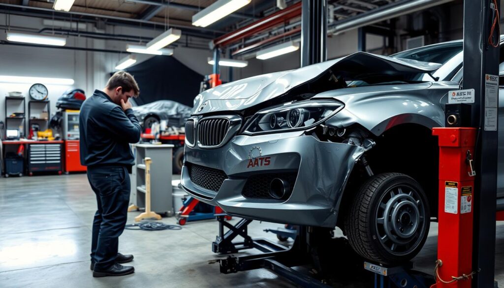 Detailed collision repair workshop, with a car on a lift undergoing inspection and repair. Bright, even lighting illuminates the scene, with a technician in the foreground examining the vehicle's damaged front end. In the background, various tools, parts, and equipment suggest a well-equipped facility dedicated to the craft of automotive restoration. The overall atmosphere conveys a sense of professional expertise and meticulous attention to detail, essential for accurately diagnosing and addressing the complexities of collision damage.