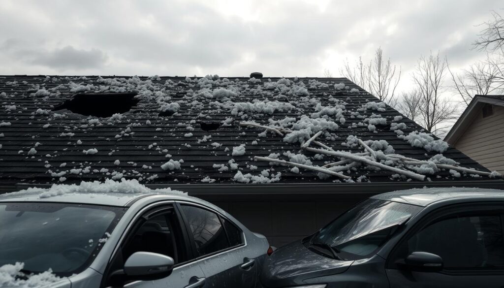 Hail-damaged roof with scattered ice pellets, gaping holes, and splintered shingles. Midground captures dented cars in the driveway, side mirrors and windshields cracked. In the background, a gray overcast sky with a hint of sunlight peeking through, casting dramatic shadows. The scene conveys a sense of sudden and chaotic destruction, with a subtle melancholic undertone. Realistic textures, high-resolution, cinematic lighting, DSLR camera.
