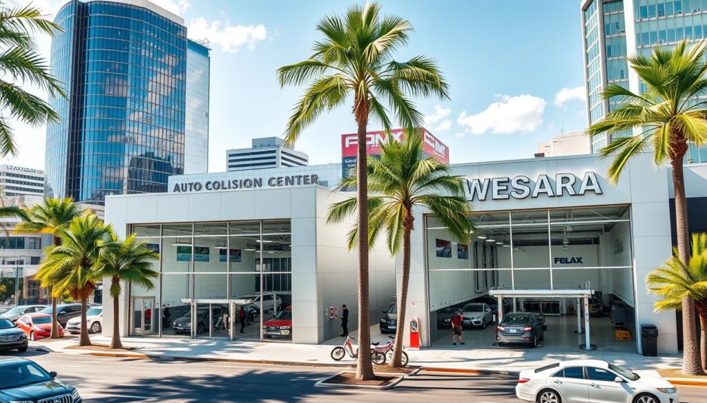 Two modern, well-equipped auto collision repair centers in a bustling San Antonio cityscape. Sleek, contemporary facades with signage clearly visible. Surrounded by towering office buildings, busy streets, and lush palm trees swaying in the warm Texan breeze. The centers' pristine showrooms are bathed in natural light, conveying a sense of professionalism and care for their customers' vehicles. Technicians in uniforms can be seen through the large windows, diligently working on cars using the latest tools and equipment. An overall atmosphere of efficiency, reliability, and commitment to keeping businesses and fleets on the road.