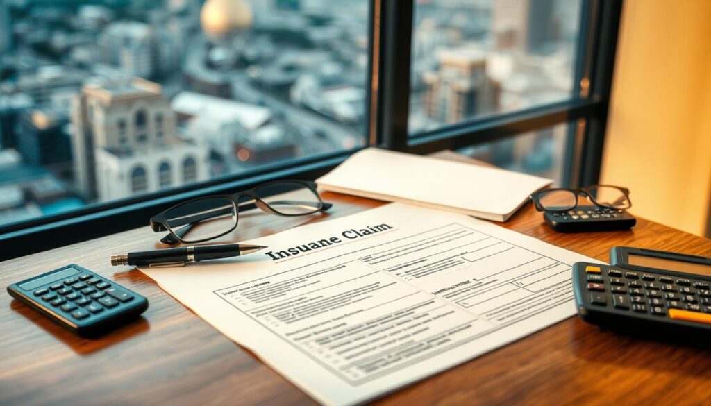 a detailed insurance claim form on a wooden desk, with a pen, calculator, and eyeglasses nearby, illuminated by warm natural lighting from a window, creating a sense of professionalism and ease in handling insurance matters, the form representing the efficient and hassle-free process of filing a claim, set against a blurred background showcasing the vibrant cityscape of San Antonio, Texas