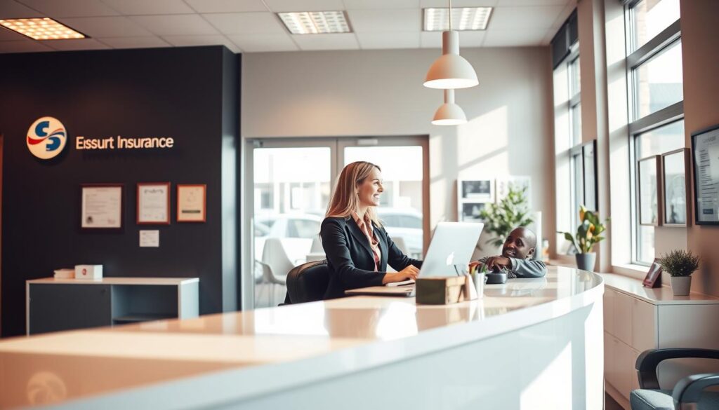 A bright, welcoming office interior with a professional receptionist assisting a customer at a clean, modern desk. The walls are adorned with insurance company logos and certificates, conveying trust and expertise. The lighting is warm and inviting, with natural sunlight streaming through large windows. The customer and receptionist are engaged in a friendly, collaborative discussion, capturing the sense of a seamless insurance claims process. The overall atmosphere is one of efficiency, clarity, and customer-centric service.