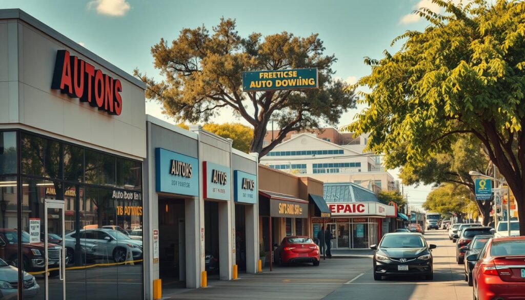 A bustling San Antonio auto body shop district, with several well-equipped garages lining the streets. The foreground features a modern, glass-fronted shop with a sleek, contemporary design, its signage clearly visible. In the middle ground, a row of established family-owned repair centers, their workshops filled with the sounds of skilled mechanics at work. The background showcases a blend of commercial buildings and lush, shady trees, creating a sense of a thriving, well-integrated neighborhood. Warm, natural lighting casts a friendly glow over the scene, while the composition emphasizes the convenience and accessibility of these conveniently located auto body services. A bustling San Antonio auto body shop district, with several well-equipped garages lining the streets. The foreground features a modern, glass-fronted shop with a sleek, contemporary design, its signage clearly visible. In the middle ground, a row of established family-owned repair centers, their workshops filled with the sounds of skilled mechanics at work. The background showcases a blend of commercial buildings and lush, shady trees, creating a sense of a thriving, well-integrated neighborhood. Warm, natural lighting casts a friendly glow over the scene, while the composition emphasizes the convenience and accessibility of these conveniently located auto body services.