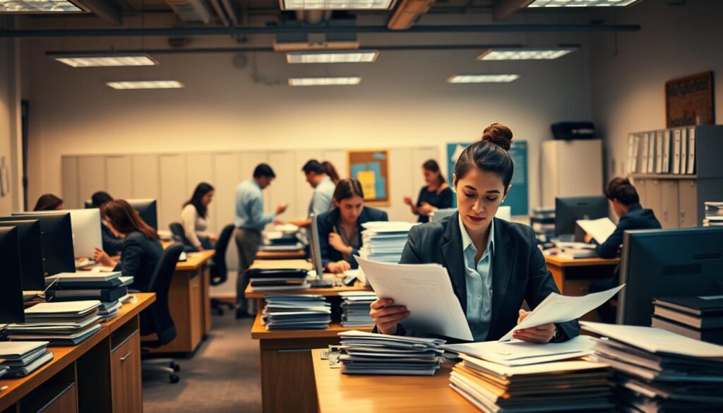 A bustling office setting with desks, computers, and stacks of documents, conveying the administrative aspects of the insurance claim process. In the foreground, a professional-looking person in business attire sits at a desk, meticulously reviewing files and forms. The middle ground features a mix of people engaged in discussions, making phone calls, and transferring paperwork, reflecting the collaborative nature of the process. The background showcases a wall of filing cabinets, shelves, and a bulletin board, suggesting the organized record-keeping involved. Warm, diffused lighting creates a sense of efficiency and diligence, while the overall composition emphasizes the systematic and detail-oriented nature of the insurance claim process.
