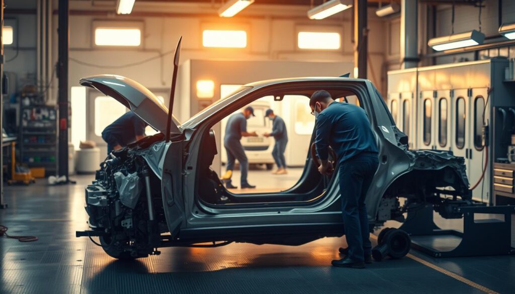A collision repair facility, bathed in warm, soft lighting. In the foreground, a damaged vehicle undergoes meticulous inspection, its panels meticulously disassembled. The middle ground reveals skilled technicians carefully repairing the frame, restoring the vehicle's structural integrity. In the background, a state-of-the-art paint booth prepares to carefully refinish the repaired panels, ensuring a flawless finish. An atmosphere of precision, expertise, and care permeates the scene, reflecting the dedication required to return a damaged vehicle to its pristine, road-ready condition.