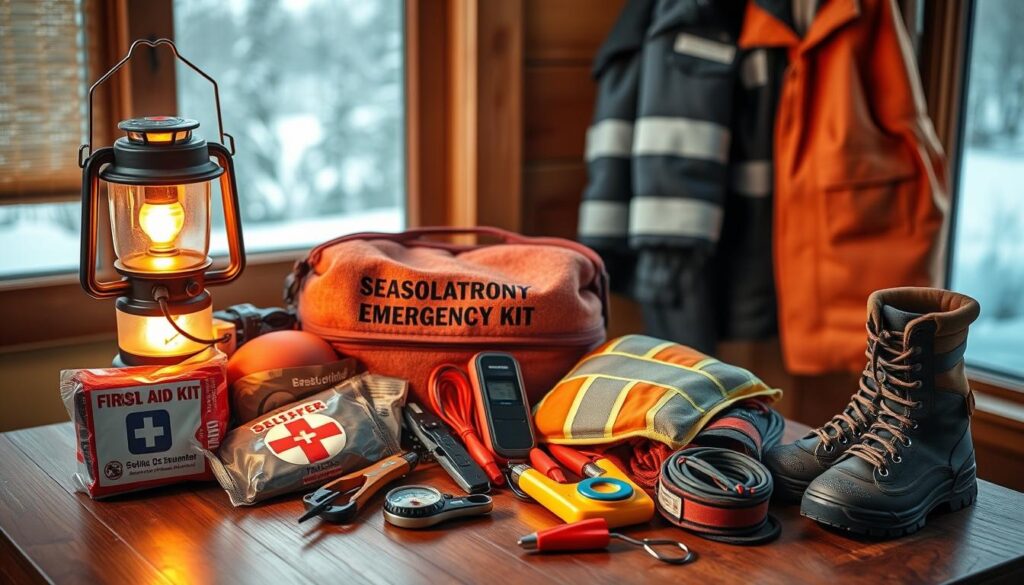 A cozy, well-stocked seasonal emergency kit sits on a wooden table. In the foreground, a warm-colored lantern casts a soft glow over an assortment of essential supplies - a first-aid kit, a thermal blanket, a multi-tool, and a hand-crank radio. In the middle ground, a compass, a reflective safety vest, and a set of jumper cables are neatly arranged. The background features a snowy winter landscape visible through a window, with a pair of sturdy snow boots and a thick winter coat hanging on a coat rack nearby, creating a sense of preparedness for any unexpected situation.