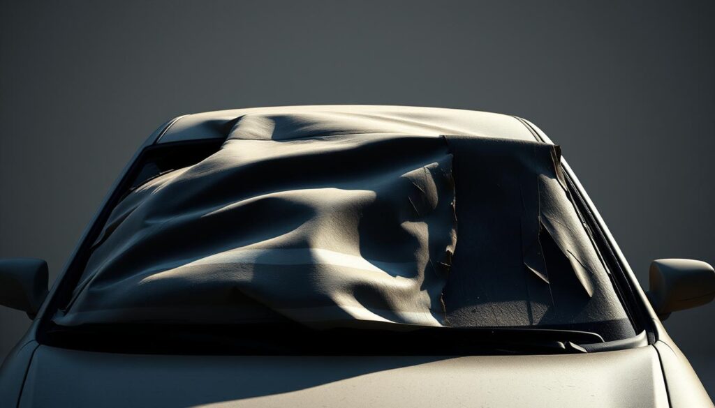 A dented, scratched, and crumpled car hood, illuminated by harsh, directional lighting that casts long shadows, capturing the visual impact of collision damage. The car's paint is faded and worn, indicating neglect and a decrease in its perceived value. The scene is set against a plain, neutral background, drawing the viewer's focus solely to the damaged vehicle, conveying the message of how collisions can diminish a car's worth.