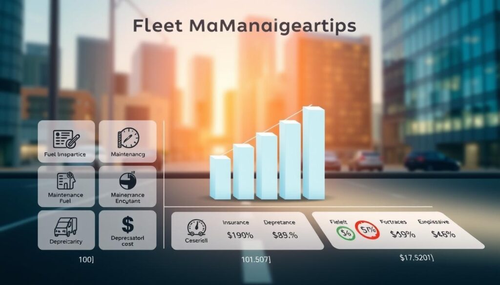 A detailed infographic depicting the key components of a fleet management cost structure. In the foreground, a grid-like layout showcases various expense categories such as fuel, maintenance, insurance, and depreciation, each with its own icon and numerical data. The middle ground features a three-dimensional bar chart visualizing the relative costs of these elements, while the background showcases a blurred cityscape with corporate buildings, suggesting the real-world application of this information. The scene is illuminated by soft, directional lighting, creating depth and emphasizing the data-driven nature of the content. The overall mood is professional, informative, and designed to aid business decision-making. A detailed infographic depicting the key components of a fleet management cost structure. In the foreground, a grid-like layout showcases various expense categories such as fuel, maintenance, insurance, and depreciation, each with its own icon and numerical data. The middle ground features a three-dimensional bar chart visualizing the relative costs of these elements, while the background showcases a blurred cityscape with corporate buildings, suggesting the real-world application of this information. The scene is illuminated by soft, directional lighting, creating depth and emphasizing the data-driven nature of the content. The overall mood is professional, informative, and designed to aid business decision-making.