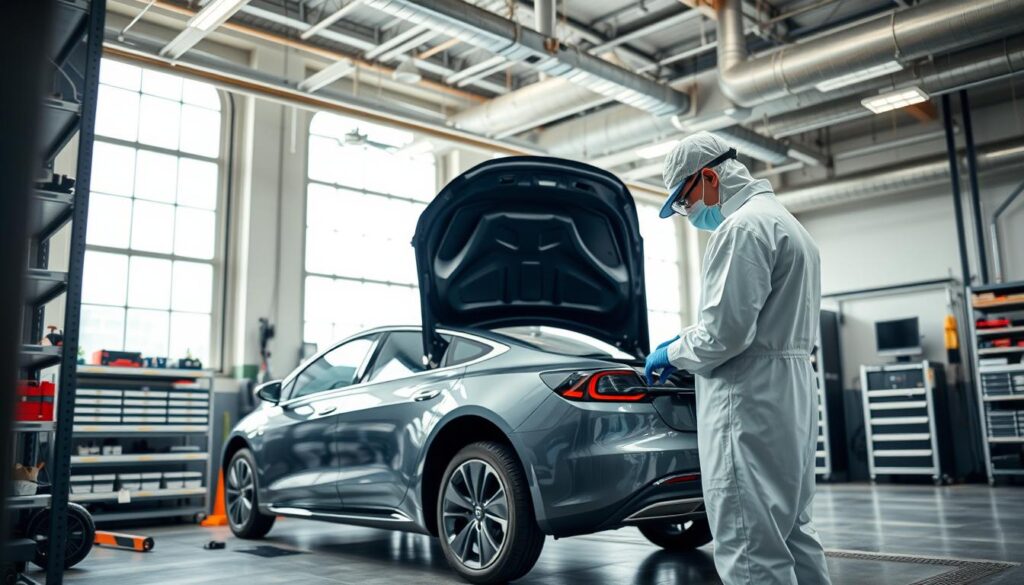 A detailed scene of electric vehicle safety protocols in a well-lit industrial workshop. In the foreground, an EV repair technician in protective gear inspects the battery pack of a sleek electric sedan. In the middle ground, shelves of specialized tools and diagnostic equipment line the walls. The background features high ceilings, exposed ductwork, and large windows letting in natural light, creating an atmosphere of modern, safety-conscious automotive repair. The scene conveys a sense of expertise, caution, and the cutting-edge technology transforming the future of auto body work. A detailed scene of electric vehicle safety protocols in a well-lit industrial workshop. In the foreground, an EV repair technician in protective gear inspects the battery pack of a sleek electric sedan. In the middle ground, shelves of specialized tools and diagnostic equipment line the walls. The background features high ceilings, exposed ductwork, and large windows letting in natural light, creating an atmosphere of modern, safety-conscious automotive repair. The scene conveys a sense of expertise, caution, and the cutting-edge technology transforming the future of auto body work.