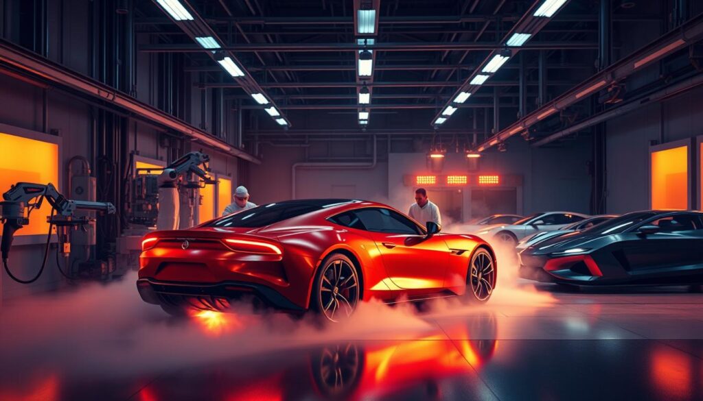 A futuristic auto paint booth with cutting-edge spray guns and robotic arms, illuminated by warm ambient lighting. In the foreground, a high-gloss metallic red sports car emerges from a cloud of shimmering paint mist. In the middle ground, advanced paint mixing and color-matching technology whirs and flashes, while skilled technicians in clean-room suits monitor the process. The background features a panorama of sleek, aerodynamic car bodies in various stages of the painting pipeline, showcasing the precision and efficiency of this innovative auto painting facility.