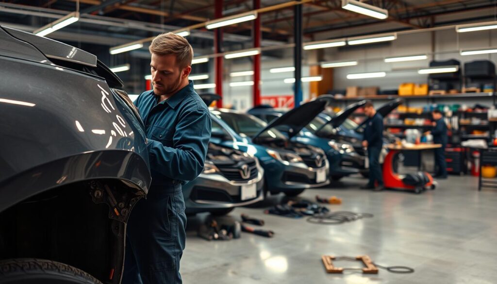 A high-quality auto repair shop, with mechanics diligently working on a fleet of vehicles. The foreground shows a technician inspecting a vehicle's damaged fender, evaluating the extent of the collision. In the middle ground, several vehicles are in various stages of repair, with tools and equipment scattered around. The background features a well-lit, organized workshop with shelves of parts and supplies. The lighting is warm and focused, creating a sense of professionalism and expertise. The overall atmosphere conveys a sense of efficiency, attention to detail, and a commitment to providing comprehensive collision repair solutions.