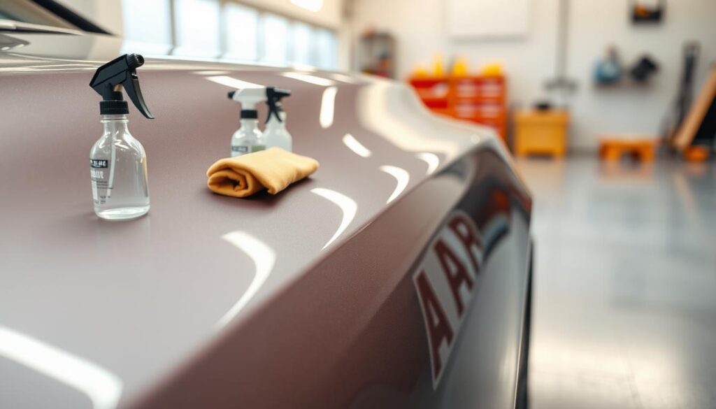 A high-quality, photorealistic image of a car's paint protected by a clear film coating. The car is positioned in the foreground, showing the smooth, glossy finish of the paint. The film reflects the light, creating a subtle, iridescent sheen. In the middle ground, there are various tools and products used for paint protection, such as a spray bottle, a microfiber cloth, and a protective film applicator. The background is blurred, but suggests a clean, well-lit garage or workshop setting. The lighting is soft and diffused, creating a warm, inviting atmosphere that emphasizes the care and attention given to preserving the car's paint. A high-quality, photorealistic image of a car's paint protected by a clear film coating. The car is positioned in the foreground, showing the smooth, glossy finish of the paint. The film reflects the light, creating a subtle, iridescent sheen. In the middle ground, there are various tools and products used for paint protection, such as a spray bottle, a microfiber cloth, and a protective film applicator. The background is blurred, but suggests a clean, well-lit garage or workshop setting. The lighting is soft and diffused, creating a warm, inviting atmosphere that emphasizes the care and attention given to preserving the car's paint.