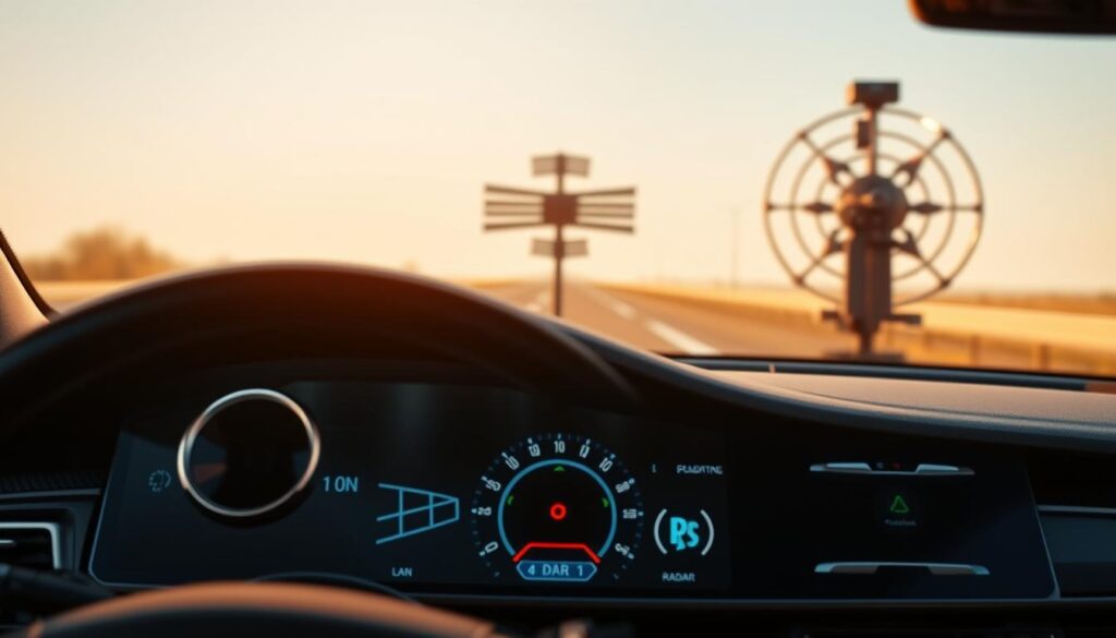 A high-tech dashboard with a clear heads-up display showcasing various driver assistance systems. In the foreground, a detailed rendering of a camera-based lane detection system, with sharp focus on its lens and sensors. The middle ground features a long-range radar unit, its antennas precisely depicted. In the background, a lidar system scans the environment, its spinning mechanism and laser emitters visible. Bright, warm lighting illuminates the scene, creating a sense of advanced technology and safety. The overall atmosphere conveys the critical role these systems play in modern vehicle safety and autonomous driving capabilities. A high-tech dashboard with a clear heads-up display showcasing various driver assistance systems. In the foreground, a detailed rendering of a camera-based lane detection system, with sharp focus on its lens and sensors. The middle ground features a long-range radar unit, its antennas precisely depicted. In the background, a lidar system scans the environment, its spinning mechanism and laser emitters visible. Bright, warm lighting illuminates the scene, creating a sense of advanced technology and safety. The overall atmosphere conveys the critical role these systems play in modern vehicle safety and autonomous driving capabilities.