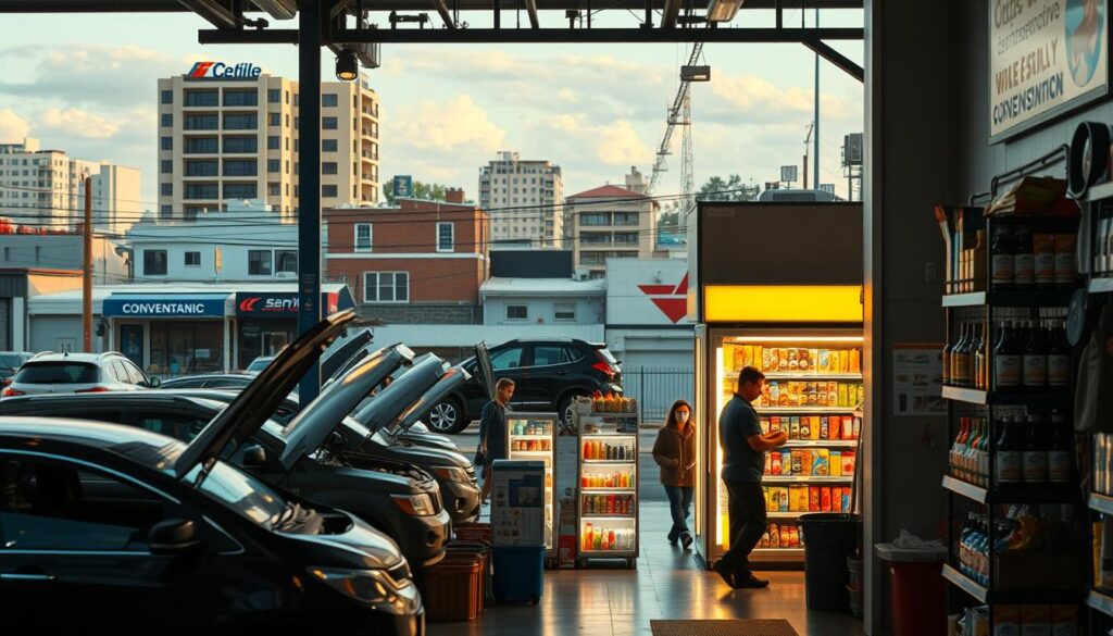 A modern San Antonio auto services hub, bustling with activity. In the foreground, a well-equipped auto repair shop, with mechanics tending to vehicles under warm, natural lighting. In the middle ground, a convenience store, its shelves stocked with snacks and beverages, catering to the needs of both customers and employees. The background features a mix of commercial and residential buildings, reflecting the vibrant neighborhood. The scene conveys a sense of efficiency, community, and the local advantage of having comprehensive automotive services within easy reach. A modern San Antonio auto services hub, bustling with activity. In the foreground, a well-equipped auto repair shop, with mechanics tending to vehicles under warm, natural lighting. In the middle ground, a convenience store, its shelves stocked with snacks and beverages, catering to the needs of both customers and employees. The background features a mix of commercial and residential buildings, reflecting the vibrant neighborhood. The scene conveys a sense of efficiency, community, and the local advantage of having comprehensive automotive services within easy reach.