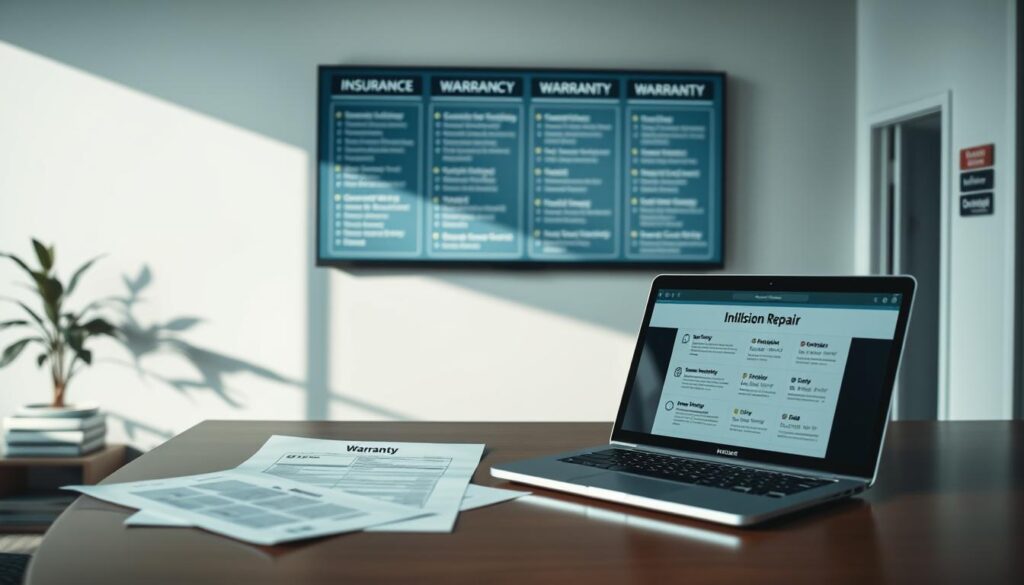 A modern and professional office setting, with a prominent desk featuring insurance documents, warranty paperwork, and a laptop displaying collision repair options. In the background, a wall-mounted display showcases various repair services, policies, and coverage details. Soft, indirect lighting illuminates the scene, creating a sense of warmth and trustworthiness. The composition emphasizes the importance of understanding insurance and warranty considerations when navigating the collision repair process, reflecting the article's focus on this crucial aspect of the repair journey.