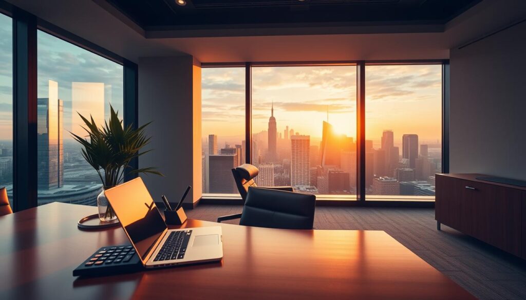 A modern, sleek financial office interior with minimalist decor and warm lighting. In the foreground, a desk with a laptop, calculator, and a pen holder sits atop a polished wooden surface. The middle ground features a comfortable leather chair and a potted plant, suggesting a professional yet inviting atmosphere. In the background, floor-to-ceiling windows provide a picturesque view of a bustling city skyline, bathed in the golden hues of the setting sun. The overall mood evokes a sense of security, reliability, and the availability of personalized financial solutions.