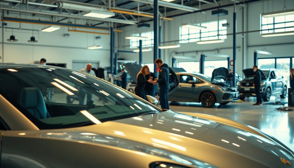 A modern, well-equipped collision repair center in San Antonio, with a bright, airy showroom and a team of skilled technicians working diligently on a variety of damaged vehicles. The foreground features a sleek, recently repaired sports car, its glossy paint shimmering under the warm, overhead lighting. In the middle ground, a team of technicians carefully inspecting another vehicle, their tools and equipment neatly organized. The background showcases the state-of-the-art repair bays, filled with the latest technology and tools, creating an atmosphere of professionalism and efficiency. The overall scene conveys a sense of trust, reliability, and exceptional customer service that Miracle Body and Paint Collision Center is known for.