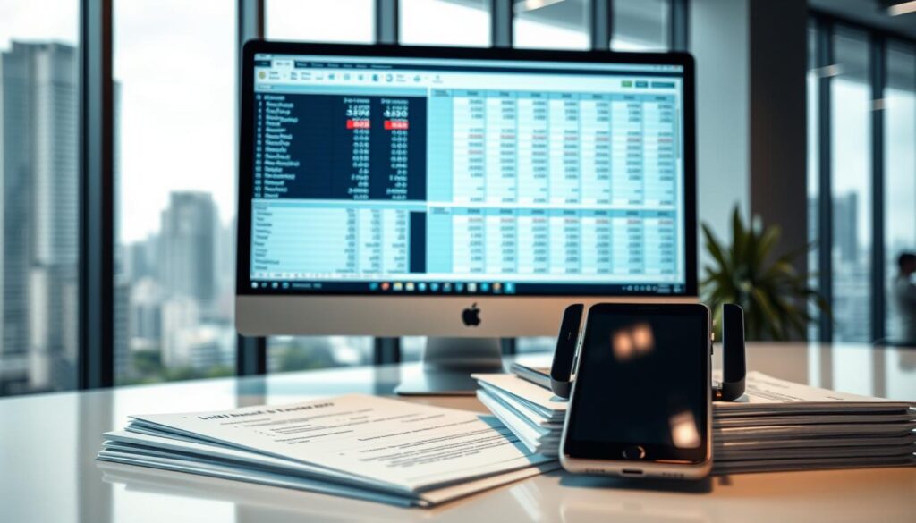 A modern, well-lit office space with a large window overlooking a cityscape. On a sleek desk, a computer monitor displays a spreadsheet with various financial data and statistics, representing the financial claims and costs associated with a collision repair workflow. The foreground features a carefully organized stack of documents and forms, emphasizing the administrative aspects of the process. The middle ground showcases a tablet or smartphone, displaying a digital interface that allows for efficient tracking and management of the repair timeline. The background softly blurs, creating a sense of focus on the key elements that illustrate the time and cost-saving measures of the collision repair workflow. A modern, well-lit office space with a large window overlooking a cityscape. On a sleek desk, a computer monitor displays a spreadsheet with various financial data and statistics, representing the financial claims and costs associated with a collision repair workflow. The foreground features a carefully organized stack of documents and forms, emphasizing the administrative aspects of the process. The middle ground showcases a tablet or smartphone, displaying a digital interface that allows for efficient tracking and management of the repair timeline. The background softly blurs, creating a sense of focus on the key elements that illustrate the time and cost-saving measures of the collision repair workflow.