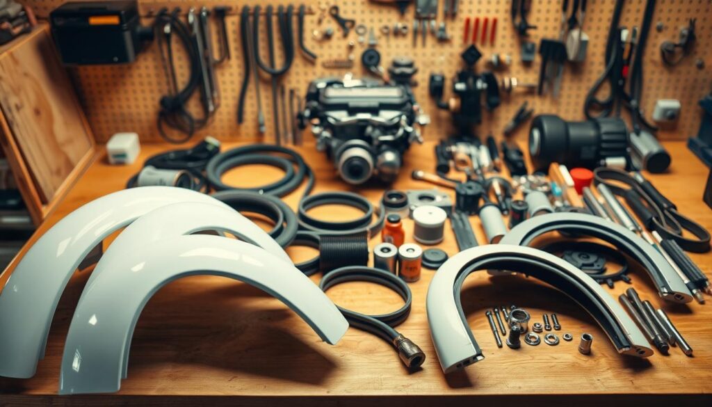 A neatly organized array of auto parts laid out on a clean, well-lit workbench. In the foreground, a set of freshly painted replacement fenders, their smooth surfaces gleaming under the warm studio lights. In the middle ground, a selection of high-quality, OEM-spec engine components - hoses, belts, and filters - arranged with precision. The background features a variety of smaller parts, including bolts, washers, and specialized tools, all casting subtle shadows on the workbench's polished wooden surface. The overall scene conveys a sense of professionalism, attention to detail, and a commitment to delivering quality collision repair services.