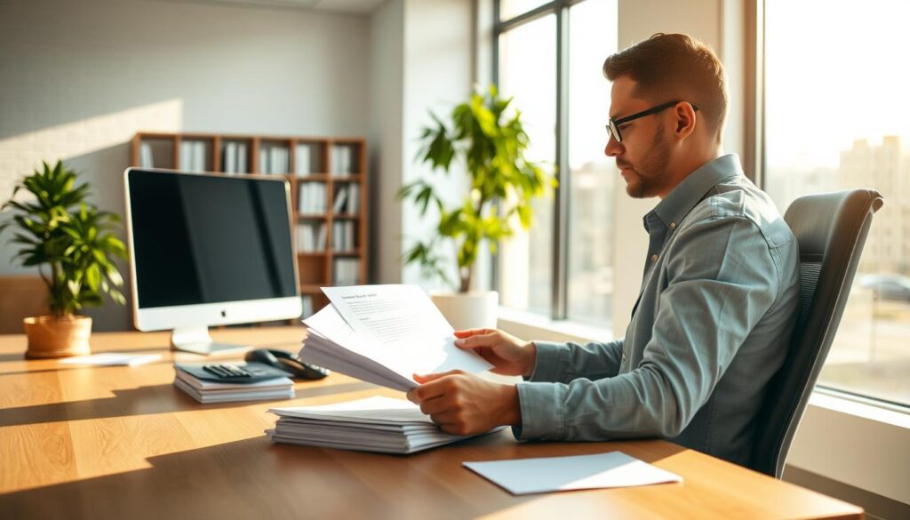 A pristine office interior, bathed in warm, natural light from large windows. In the foreground, a person sits at a desk, intently focused on reviewing documents and filling out an insurance claim form. The middle ground features a computer, a stack of papers, and a telephone, all neatly arranged, conveying a sense of organization and efficiency. In the background, a bookshelf and a potted plant add a touch of professionalism and calm. The overall atmosphere is one of a streamlined, stress-free insurance claim process, where the individual feels empowered and in control. A pristine office interior, bathed in warm, natural light from large windows. In the foreground, a person sits at a desk, intently focused on reviewing documents and filling out an insurance claim form. The middle ground features a computer, a stack of papers, and a telephone, all neatly arranged, conveying a sense of organization and efficiency. In the background, a bookshelf and a potted plant add a touch of professionalism and calm. The overall atmosphere is one of a streamlined, stress-free insurance claim process, where the individual feels empowered and in control.