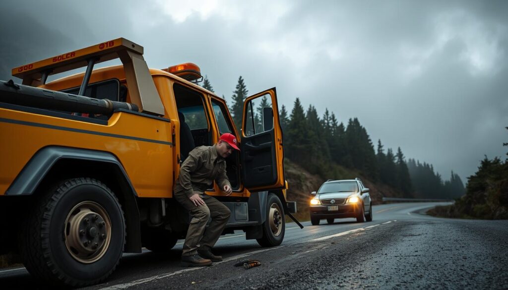 A rugged tow truck, its yellow paint gleaming, is parked on the side of a winding mountain road. In the foreground, a mechanic in coveralls and a red cap crouches beside the open engine compartment, tools in hand, focused on repairing a stranded vehicle. Fog-like clouds drift across the sky, casting a moody, atmospheric light that illuminates the scene. In the background, lush evergreen forests line the road, hinting at the remote, rural setting. The overall mood is one of efficient, professional emergency roadside assistance, conveying the reliable and comprehensive fleet services offered. A rugged tow truck, its yellow paint gleaming, is parked on the side of a winding mountain road. In the foreground, a mechanic in coveralls and a red cap crouches beside the open engine compartment, tools in hand, focused on repairing a stranded vehicle. Fog-like clouds drift across the sky, casting a moody, atmospheric light that illuminates the scene. In the background, lush evergreen forests line the road, hinting at the remote, rural setting. The overall mood is one of efficient, professional emergency roadside assistance, conveying the reliable and comprehensive fleet services offered.