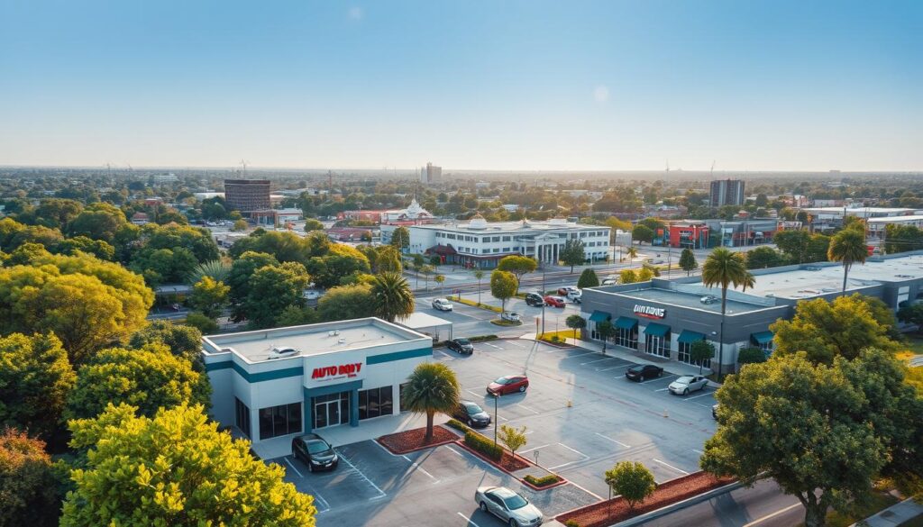 A serene aerial view of two modern auto body shop locations, nestled amid lush greenery and a vibrant urban landscape. The foreground features well-maintained buildings with prominent signage and an inviting entrance, conveying a sense of professionalism and convenience. The middle ground showcases orderly parking lots, accessible from nearby roads, while the background depicts the bustling streets of San Antonio, Texas. The scene is illuminated by warm, natural lighting, creating a welcoming and efficient atmosphere. The overall composition emphasizes the strategic positioning of these auto body shop locations, making them easily accessible and integrated within the local community. A serene aerial view of two modern auto body shop locations, nestled amid lush greenery and a vibrant urban landscape. The foreground features well-maintained buildings with prominent signage and an inviting entrance, conveying a sense of professionalism and convenience. The middle ground showcases orderly parking lots, accessible from nearby roads, while the background depicts the bustling streets of San Antonio, Texas. The scene is illuminated by warm, natural lighting, creating a welcoming and efficient atmosphere. The overall composition emphasizes the strategic positioning of these auto body shop locations, making them easily accessible and integrated within the local community.