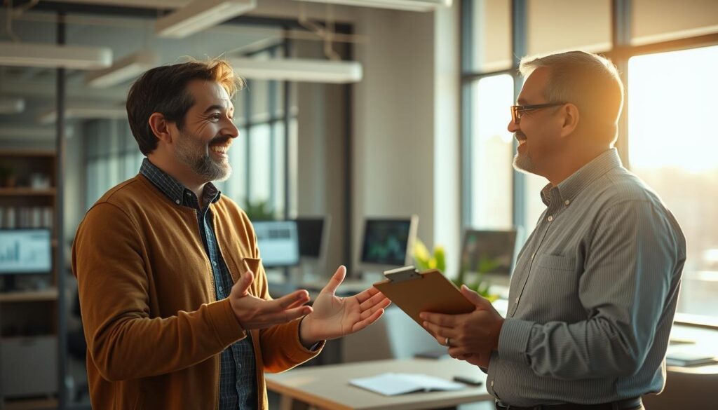 A serene office setting with a customer speaking animatedly to a professional-looking quality assurance representative. The customer has a satisfied expression, gesturing with open hands. The representative listens intently, taking notes on a clipboard. Bright, warm lighting from large windows illuminates the scene, creating a welcoming atmosphere. In the background, a neatly organized workspace with computer screens displays quality control data. The overall impression conveys trust, care, and a commitment to customer satisfaction. A serene office setting with a customer speaking animatedly to a professional-looking quality assurance representative. The customer has a satisfied expression, gesturing with open hands. The representative listens intently, taking notes on a clipboard. Bright, warm lighting from large windows illuminates the scene, creating a welcoming atmosphere. In the background, a neatly organized workspace with computer screens displays quality control data. The overall impression conveys trust, care, and a commitment to customer satisfaction.