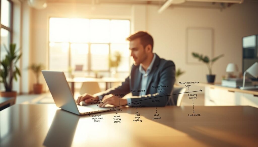A serene, sunlit office setting, where a person sits at a desk, carefully navigating through an insurance claim process on a laptop. The foreground features a hand-drawn illustration of an insurance claim journey, with distinct steps and milestones, offering a visual guide. The middle ground showcases a professional, modern office environment, with minimal, clean-lined furniture and decor. The background depicts a warm, inviting ambiance, with soft lighting filtering through large windows, creating a sense of comfort and efficiency. The overall scene conveys a seamless, stress-free insurance claim experience, guiding the viewer through the process with clarity and ease.