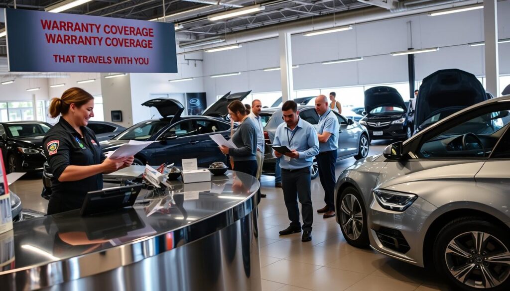 A sleek, modern auto repair shop with a well-lit showroom showcasing a selection of vehicles under a warranty coverage display. In the foreground, a polished, chrome-accented service counter with a friendly employee discussing warranty details with a customer. The middle ground features a group of satisfied customers examining vehicle documentation, while the background depicts a team of skilled technicians diligently working on various cars. The overall scene conveys a sense of professionalism, reliability, and customer-centric service that embodies the "San Antonio Auto Warranty Coverage That Travels With You".
