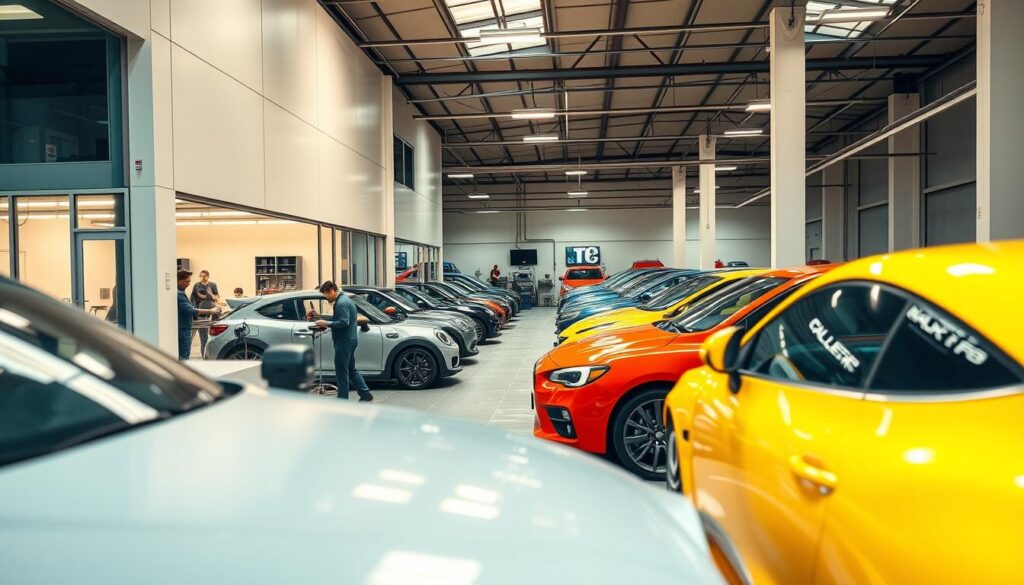 A sleek, modern automotive paint and body shop nestled in the heart of Walzem. The exterior features a clean, minimalist facade with large windows showcasing the precision work within. The foreground depicts a team of skilled technicians meticulously sanding and prepping a freshly repaired vehicle, utilizing state-of-the-art equipment and tools. The middle ground showcases a range of gleaming, freshly painted cars in a variety of vibrant colors, each reflecting the shop's commitment to flawless results. In the background, the well-organized workshop is bathed in warm, natural lighting, creating a sense of professionalism and attention to detail. The overall atmosphere conveys the shop's dedication to providing exceptional paint and body services to the Walzem community. A sleek, modern automotive paint and body shop nestled in the heart of Walzem. The exterior features a clean, minimalist facade with large windows showcasing the precision work within. The foreground depicts a team of skilled technicians meticulously sanding and prepping a freshly repaired vehicle, utilizing state-of-the-art equipment and tools. The middle ground showcases a range of gleaming, freshly painted cars in a variety of vibrant colors, each reflecting the shop's commitment to flawless results. In the background, the well-organized workshop is bathed in warm, natural lighting, creating a sense of professionalism and attention to detail. The overall atmosphere conveys the shop's dedication to providing exceptional paint and body services to the Walzem community.