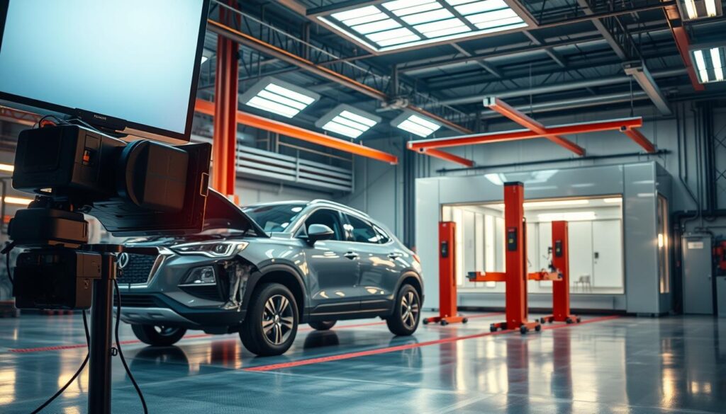 A state-of-the-art auto repair facility, bathed in warm industrial lighting, showcases the latest collision repair equipment. In the foreground, a high-tech laser scanner meticulously examines the damaged vehicle, capturing every dent and scratch. In the middle ground, advanced hydraulic lifts gently raise and position the car, allowing technicians to access every angle. In the background, a gleaming paint booth stands ready, its precise airflow systems ensuring a flawless finish. The entire scene radiates a sense of expertise, efficiency, and the unwavering commitment to restoring vehicles to their former glory. A state-of-the-art auto repair facility, bathed in warm industrial lighting, showcases the latest collision repair equipment. In the foreground, a high-tech laser scanner meticulously examines the damaged vehicle, capturing every dent and scratch. In the middle ground, advanced hydraulic lifts gently raise and position the car, allowing technicians to access every angle. In the background, a gleaming paint booth stands ready, its precise airflow systems ensuring a flawless finish. The entire scene radiates a sense of expertise, efficiency, and the unwavering commitment to restoring vehicles to their former glory.