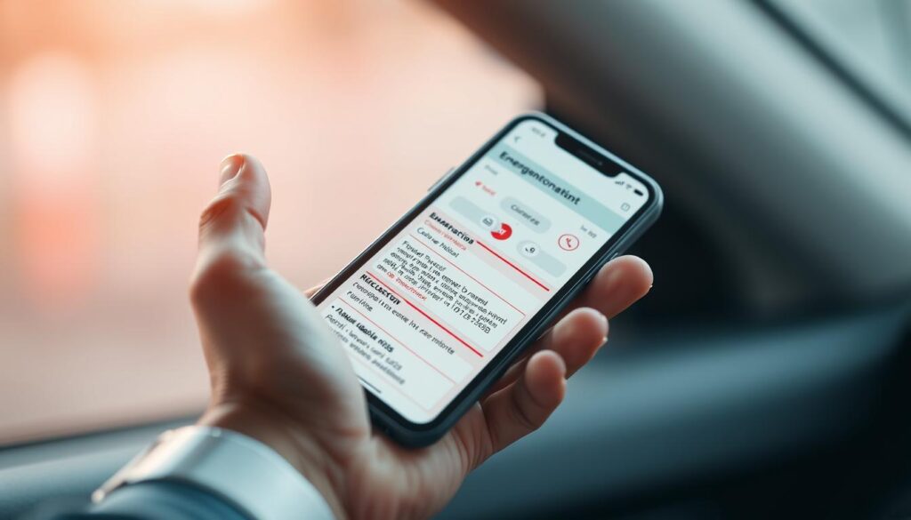 A stylized smartphone display floating in a photorealistic hand, the screen showing detailed emergency contact information, first aid instructions, and vehicle specifications - all the vital data one would need in the aftermath of an accident. Soft, diffused lighting bathes the scene, creating a sense of calm and readiness. The composition is balanced, with the hand and phone positioned centrally, emphasizing the accessibility and importance of the information. The background is blurred, keeping the focus on the key elements. The overall mood conveys preparedness, efficiency, and the reassurance of having essential details readily available.