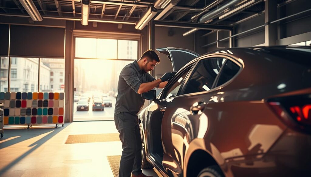 A well-equipped auto body repair shop with sleek, contemporary design. In the foreground, a skilled technician meticulously aligns the body panels of a gleaming, freshly painted car using specialized tools and equipment. The mid-ground showcases an array of color-matched paint samples, conveying the attention to detail and customization options available. The background features a large, sun-drenched window overlooking the bustling streets of a modern city, creating a sense of professionalism and trustworthiness. Warm lighting and a clean, organized workspace reflect the high-quality workmanship and attention to customer satisfaction. A well-equipped auto body repair shop with sleek, contemporary design. In the foreground, a skilled technician meticulously aligns the body panels of a gleaming, freshly painted car using specialized tools and equipment. The mid-ground showcases an array of color-matched paint samples, conveying the attention to detail and customization options available. The background features a large, sun-drenched window overlooking the bustling streets of a modern city, creating a sense of professionalism and trustworthiness. Warm lighting and a clean, organized workspace reflect the high-quality workmanship and attention to customer satisfaction.