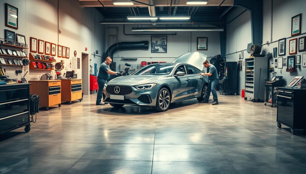 A well-equipped auto repair shop, bathed in warm lighting, showcases a sleek, freshly repaired vehicle on a polished concrete floor. Skilled technicians in crisp uniforms meticulously inspect and service the car, ensuring a seamless and trustworthy repair experience. The workshop's modern, inviting ambiance, complemented by displays of high-quality parts and tools, conveys a sense of professionalism and expertise that instills confidence in the customer. Framed certifications and awards adorn the walls, further solidifying the shop's reputation for excellence in collision repair services.