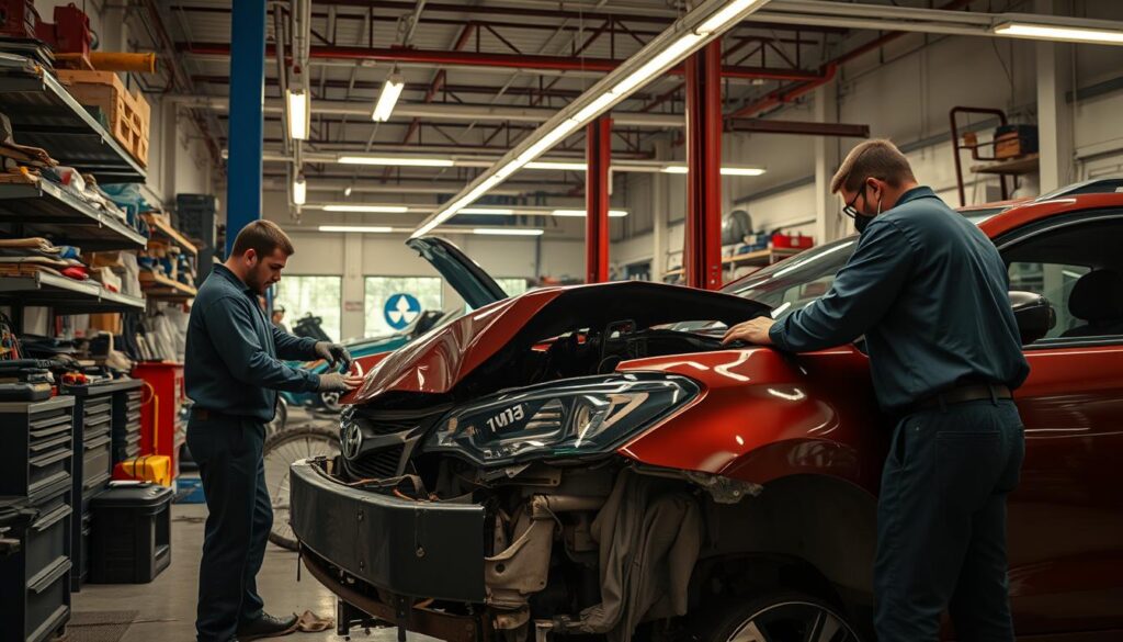 A well-equipped auto repair shop with technicians carefully inspecting a damaged vehicle, surrounded by shelves of tools and parts. Bright overhead lighting casts a warm glow, with a professional yet welcoming atmosphere. In the foreground, a car's mangled front end is being meticulously assessed, while in the background, other vehicles await their turn for comprehensive collision repair services. The scene conveys a sense of expertise, efficiency, and dedication to restoring vehicles to their pre-accident condition. A well-equipped auto repair shop with technicians carefully inspecting a damaged vehicle, surrounded by shelves of tools and parts. Bright overhead lighting casts a warm glow, with a professional yet welcoming atmosphere. In the foreground, a car's mangled front end is being meticulously assessed, while in the background, other vehicles await their turn for comprehensive collision repair services. The scene conveys a sense of expertise, efficiency, and dedication to restoring vehicles to their pre-accident condition.