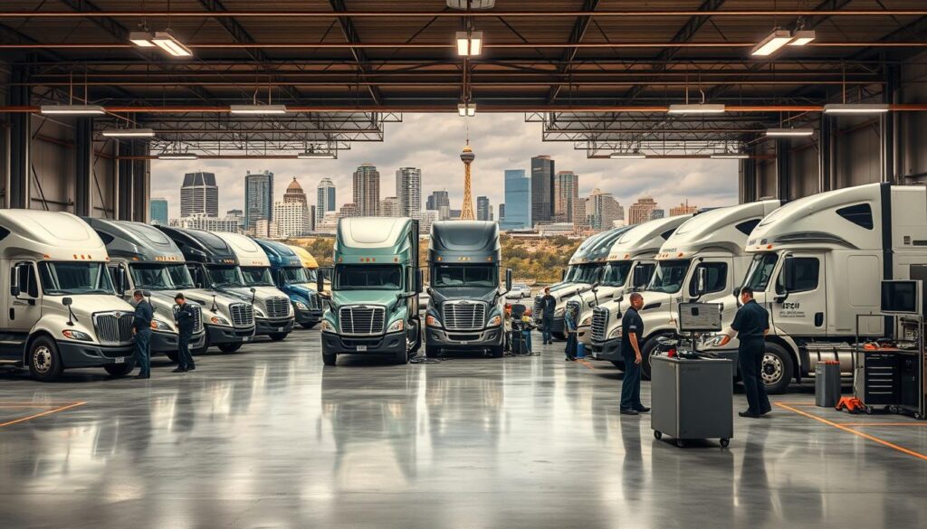 A well-equipped fleet maintenance facility set against the backdrop of the distinctive San Antonio skyline. In the foreground, skilled technicians efficiently service a diverse range of commercial vehicles, their expertise on full display. The middle ground features a neatly organized workshop, complete with advanced diagnostic tools and a spotless work environment. In the background, the city's iconic landmarks, such as the Tower of the Americas, provide a sense of local pride and community. Warm, diffused lighting casts a professional, productive atmosphere, highlighting the attention to detail and commitment to excellence that defines this fleet maintenance operation. A well-equipped fleet maintenance facility set against the backdrop of the distinctive San Antonio skyline. In the foreground, skilled technicians efficiently service a diverse range of commercial vehicles, their expertise on full display. The middle ground features a neatly organized workshop, complete with advanced diagnostic tools and a spotless work environment. In the background, the city's iconic landmarks, such as the Tower of the Americas, provide a sense of local pride and community. Warm, diffused lighting casts a professional, productive atmosphere, highlighting the attention to detail and commitment to excellence that defines this fleet maintenance operation.