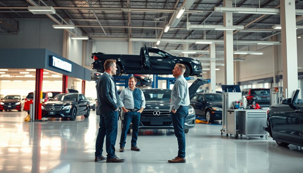 A well-lit auto body shop in San Antonio, with a large, inviting storefront showcasing various vehicles undergoing repair. In the foreground, a customer stands before a friendly, knowledgeable staff member, discussing options for their damaged car. The middle ground features neatly organized tools, equipment, and a pristine workspace, conveying a sense of professionalism and attention to detail. The background depicts a modern, state-of-the-art facility with high ceilings, abundant natural light, and a clean, organized layout, creating an atmosphere of trust and expertise. The overall scene evokes a sense of confidence in the customer's ability to find the right auto body shop to handle their collision repair needs.