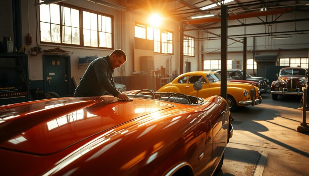A well-lit auto repair shop, the sun's warm rays filtering through large windows, illuminating a meticulously restored classic car. The vehicle's original paint gleams, its vibrant hues and flawless finish a testament to the skilled technicians' dedication. In the foreground, a worker carefully buffs the car's surface, their movements precise and methodical. The middle ground showcases an array of specialized tools and equipment, suggesting the attention to detail that goes into the restoration process. In the background, other vehicles await their turn, their own original finishes waiting to be revived. The overall atmosphere exudes a sense of professionalism and pride, capturing the essence of a commitment to restoring vehicles to their former glory. A well-lit auto repair shop, the sun's warm rays filtering through large windows, illuminating a meticulously restored classic car. The vehicle's original paint gleams, its vibrant hues and flawless finish a testament to the skilled technicians' dedication. In the foreground, a worker carefully buffs the car's surface, their movements precise and methodical. The middle ground showcases an array of specialized tools and equipment, suggesting the attention to detail that goes into the restoration process. In the background, other vehicles await their turn, their own original finishes waiting to be revived. The overall atmosphere exudes a sense of professionalism and pride, capturing the essence of a commitment to restoring vehicles to their former glory.