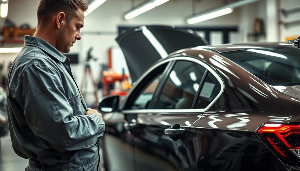 A well-lit automotive repair shop, with a late-model sedan parked inside. The vehicle's exterior displays minor dents and scratches, suggesting recent hail damage. In the foreground, a mechanic in a clean, oil-stained uniform closely inspects the car's panels, carefully evaluating the repairs. The mid-ground features an array of specialized tools and equipment, conveying the professionalism and attention to detail of the maintenance process. The background is softly blurred, emphasizing the focus on the vehicle and the mechanic's work. The overall atmosphere is one of diligence, care, and the restoration of the car to its former condition. A well-lit automotive repair shop, with a late-model sedan parked inside. The vehicle's exterior displays minor dents and scratches, suggesting recent hail damage. In the foreground, a mechanic in a clean, oil-stained uniform closely inspects the car's panels, carefully evaluating the repairs. The mid-ground features an array of specialized tools and equipment, conveying the professionalism and attention to detail of the maintenance process. The background is softly blurred, emphasizing the focus on the vehicle and the mechanic's work. The overall atmosphere is one of diligence, care, and the restoration of the car to its former condition.