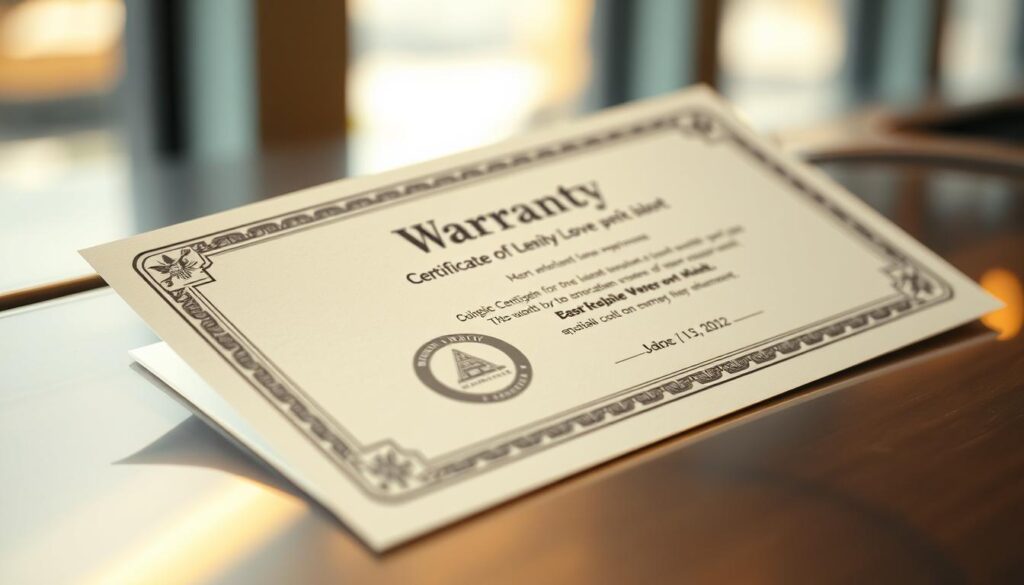 A well-lit, close-up photograph of a sturdy warranty certificate resting on a sleek, metallic surface. The certificate features intricate patterns and an embossed seal, conveying a sense of quality and professionalism. The background is softly blurred, creating a sense of depth and focus on the warranty document. The lighting is warm and slightly directional, casting subtle shadows that add depth and dimension to the scene. The overall mood is one of reliability, trust, and attention to detail, reflecting the high-quality warranty being showcased.