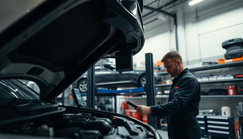 A well-lit, detailed scene of a vehicle inspection process in a modern auto repair shop. In the foreground, a mechanic carefully examines the engine, using a diagnostic tool. In the middle ground, a car is raised on a hydraulic lift, exposing the undercarriage for a thorough inspection. In the background, shelves with auto parts and tools line the walls, creating a sense of a professional, organized workspace. Soft, directional lighting illuminates the scene, casting shadows that add depth and dimension. The overall atmosphere conveys a sense of precision, attention to detail, and dedication to ensuring the vehicle is in optimal condition for safe and reliable operation.