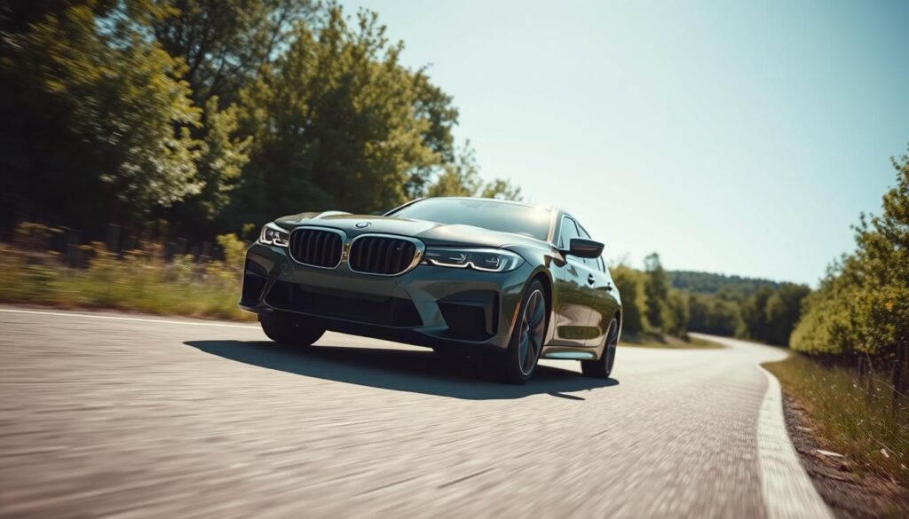 A well-lit, high-angle shot of a sleek, modern sedan on a winding country road. The vehicle's exterior shines, showcasing its robust frame and advanced safety features. In the background, lush greenery and a clear blue sky create a serene, idyllic setting. The car's headlights and taillights are illuminated, emphasizing its visibility and roadworthiness. The camera's focus is sharp, capturing the sedan's balanced proportions, tight panel gaps, and sturdy suspension, conveying a sense of precision engineering and solid construction. The overall impression is one of confidence, reliability, and optimal performance.