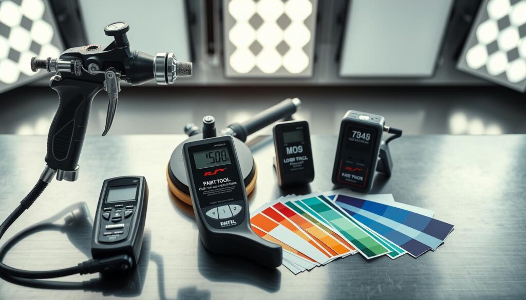 A well-lit, high-angle studio shot of an assortment of premium automotive paint tools and equipment, including a high-performance spray gun, a dual-action polisher, a digital paint thickness gauge, and a set of color-matched car paint samples. The tools are arranged neatly on a reflective metal tabletop, with a backdrop of clean, white studio lights. The overall mood is one of precision, professionalism, and the promise of a flawless, showroom-quality paint finish.