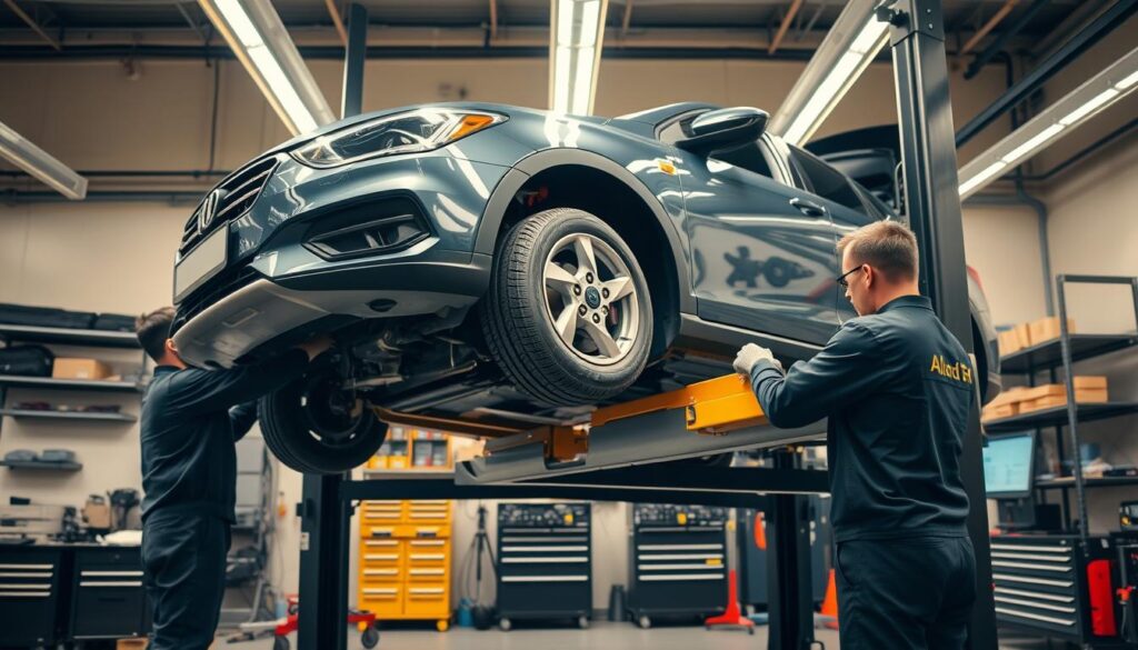A well-lit, high-resolution image of a modern car undergoing a comprehensive safety inspection in a professional automotive workshop. The car is raised on a hydraulic lift, with mechanics in the foreground carefully examining the brakes, tires, and suspension components. In the middle ground, diagnostic equipment and tools are neatly arranged, suggesting a systematic, thorough approach. The background features the workshop's clean, organized workspace, with shelves of replacement parts and a warm, neutral color palette creating a sense of professionalism and attention to detail. The overall atmosphere conveys the importance of meticulous vehicle maintenance for ensuring safety and performance. A well-lit, high-resolution image of a modern car undergoing a comprehensive safety inspection in a professional automotive workshop. The car is raised on a hydraulic lift, with mechanics in the foreground carefully examining the brakes, tires, and suspension components. In the middle ground, diagnostic equipment and tools are neatly arranged, suggesting a systematic, thorough approach. The background features the workshop's clean, organized workspace, with shelves of replacement parts and a warm, neutral color palette creating a sense of professionalism and attention to detail. The overall atmosphere conveys the importance of meticulous vehicle maintenance for ensuring safety and performance.