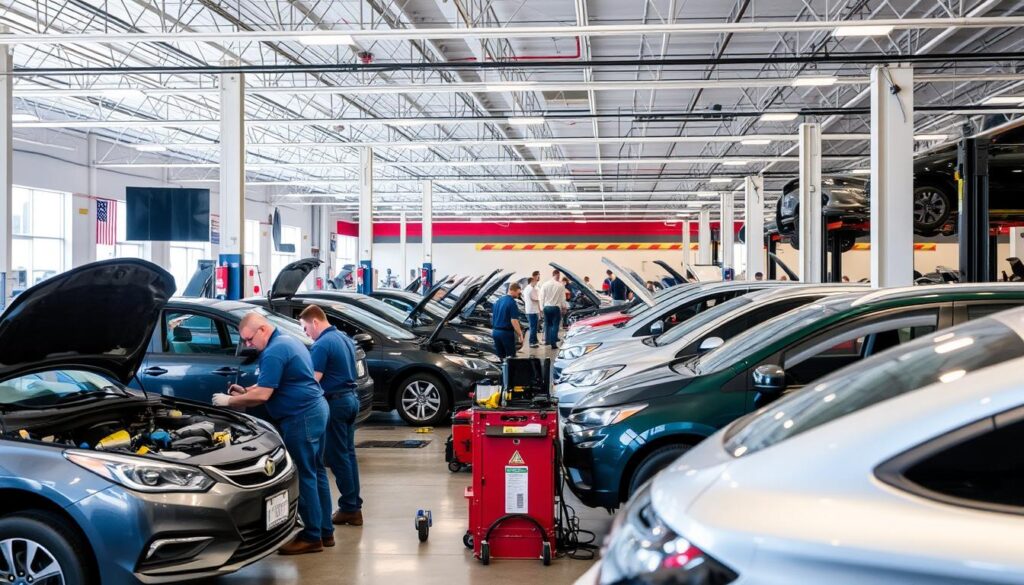 A well-lit, modern auto body shop in San Antonio, TX. In the foreground, a team of skilled technicians working on a car, surrounded by various tools and equipment. The middle ground features rows of cars in various stages of repair, with mechanics carefully inspecting and repairing them. In the background, the shop's interior is visible, with high ceilings, bright lighting, and a clean, organized layout. The atmosphere conveys a sense of professionalism, efficiency, and a commitment to providing quality service to customers. The image should capture the essence of a reputable and trustworthy auto body shop in San Antonio.