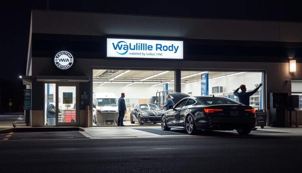 A well-lit, modern auto body shop on Walzem Road, with a large showroom window showcasing a sleek, freshly repaired car. The exterior features a prominent sign displaying the shop's certification credentials. The parking lot is neatly organized, and the building's architecture conveys a sense of professionalism and attention to detail. Inside, the workshop is meticulously clean, with state-of-the-art equipment and tools. Skilled technicians in uniform work diligently, demonstrating their expertise in collision repair. The atmosphere exudes a harmonious blend of efficiency, safety, and customer-centric service, reflecting the shop's commitment to quality and industry standards.