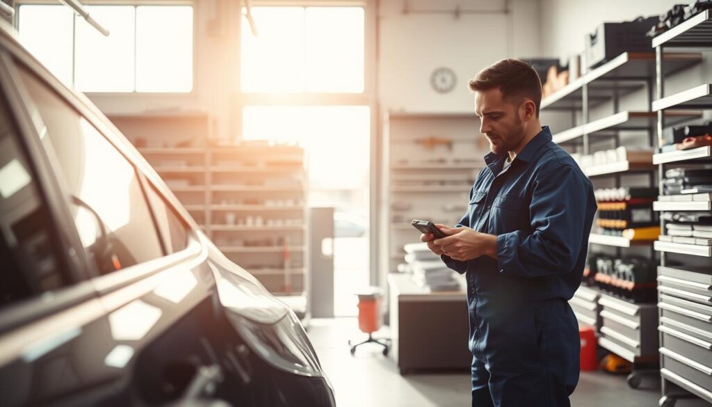 A well-lit, modern auto repair shop with a spacious service bay. In the foreground, a mechanic in a blue jumpsuit carefully inspects a dented vehicle, using specialized tools to assess the damage. In the middle ground, rows of neatly organized shelves hold an array of replacement parts and tools. The background features a large open doorway, revealing the bright sunlight outside, creating a warm, inviting atmosphere. The overall scene conveys a sense of professionalism, efficiency, and the expert care customers can expect from this collision repair service. A well-lit, modern auto repair shop with a spacious service bay. In the foreground, a mechanic in a blue jumpsuit carefully inspects a dented vehicle, using specialized tools to assess the damage. In the middle ground, rows of neatly organized shelves hold an array of replacement parts and tools. The background features a large open doorway, revealing the bright sunlight outside, creating a warm, inviting atmosphere. The overall scene conveys a sense of professionalism, efficiency, and the expert care customers can expect from this collision repair service.