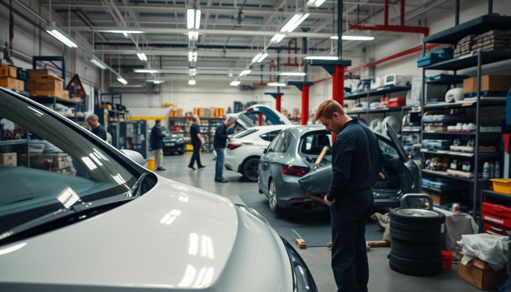 A well-lit, spacious auto body repair shop filled with various tools, equipment, and a team of skilled technicians working diligently on a range of vehicles. In the foreground, a car with dents and scratches is being carefully examined by a mechanic, while in the middle ground, another vehicle is undergoing a complete paint job. The background features a row of neatly organized shelves stocked with car parts and supplies. Overhead, the lighting is bright and evenly distributed, creating a professional and efficient atmosphere. The entire scene conveys a sense of expertise, attention to detail, and a commitment to providing comprehensive auto body and collision repair services. A well-lit, spacious auto body repair shop filled with various tools, equipment, and a team of skilled technicians working diligently on a range of vehicles. In the foreground, a car with dents and scratches is being carefully examined by a mechanic, while in the middle ground, another vehicle is undergoing a complete paint job. The background features a row of neatly organized shelves stocked with car parts and supplies. Overhead, the lighting is bright and evenly distributed, creating a professional and efficient atmosphere. The entire scene conveys a sense of expertise, attention to detail, and a commitment to providing comprehensive auto body and collision repair services.