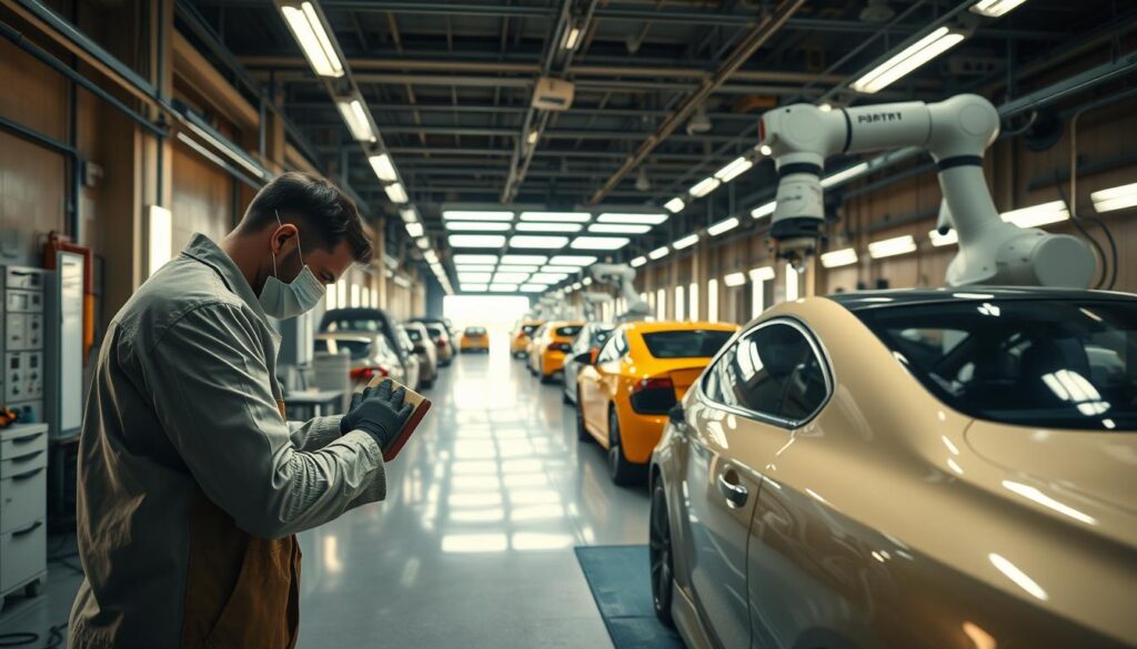 A well-organized automotive paint shop, flooded with warm, diffused lighting. In the foreground, a technician meticulously sands a car panel, preparing it for a flawless respray. In the middle ground, sleek robotic arms precisely apply a seamless, glossy topcoat. The background reveals a streamlined workflow, with cars moving efficiently through each stage of the repair process. The overall atmosphere conveys professionalism, attention to detail, and a relentless pursuit of perfection - the hallmarks of a world-class paint matching operation.