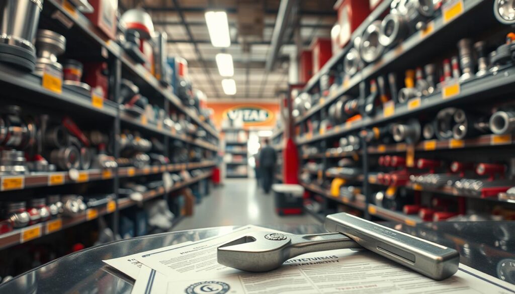 A well-stocked auto parts store, shelves neatly organized with a diverse array of quality components. Gleaming chrome and polished aluminum parts stand out against a backdrop of warm, inviting lighting. In the foreground, a mechanic's wrench rests atop a manufacturer's warranty, conveying a sense of reliability and assurance. The scene is captured through a wide-angle lens, emphasizing the store's depth and the abundance of options available to discerning customers. An atmosphere of professionalism and attention to detail permeates the image, reflecting the expert care and commitment to excellence that defines the auto body repair services offered. A well-stocked auto parts store, shelves neatly organized with a diverse array of quality components. Gleaming chrome and polished aluminum parts stand out against a backdrop of warm, inviting lighting. In the foreground, a mechanic's wrench rests atop a manufacturer's warranty, conveying a sense of reliability and assurance. The scene is captured through a wide-angle lens, emphasizing the store's depth and the abundance of options available to discerning customers. An atmosphere of professionalism and attention to detail permeates the image, reflecting the expert care and commitment to excellence that defines the auto body repair services offered.